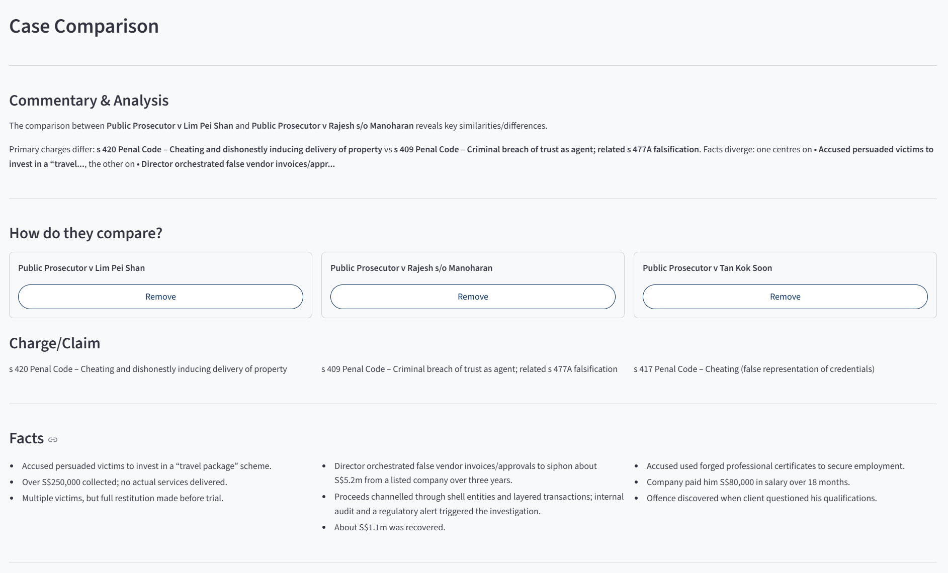 Gavelnet comparison screen with commentary at top; charges, facts, reasoning and verdict aligned across cases.